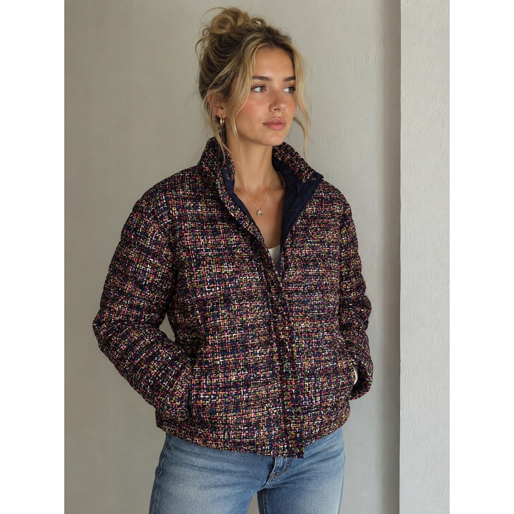 Lands End Womens XL Down Puffer Jacket Multi Color Abstract Quilted Coat. EUC